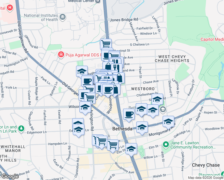map of restaurants, bars, coffee shops, grocery stores, and more near 7831 Woodmont Avenue in Bethesda