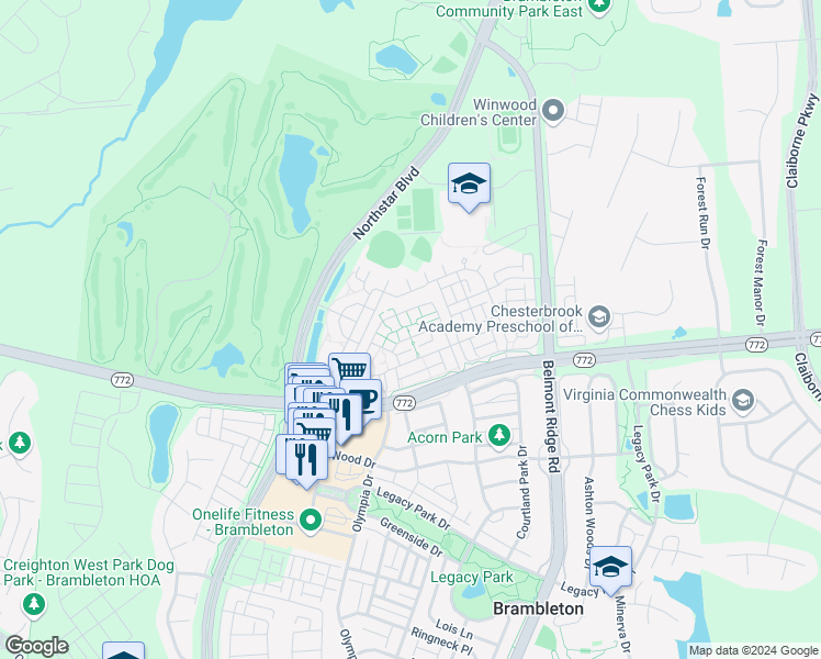 map of restaurants, bars, coffee shops, grocery stores, and more near 42496 Mayflower Terrace in Brambleton