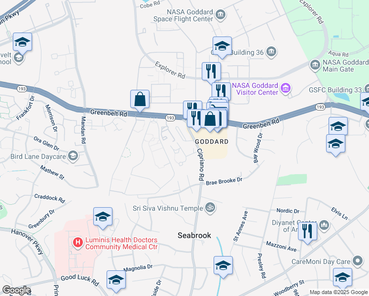 map of restaurants, bars, coffee shops, grocery stores, and more near 7223 Cipriano Springs Drive in Lanham