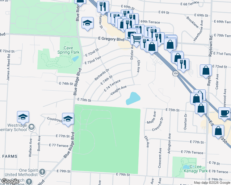 map of restaurants, bars, coffee shops, grocery stores, and more near 9116 Vaughn Avenue in Raytown
