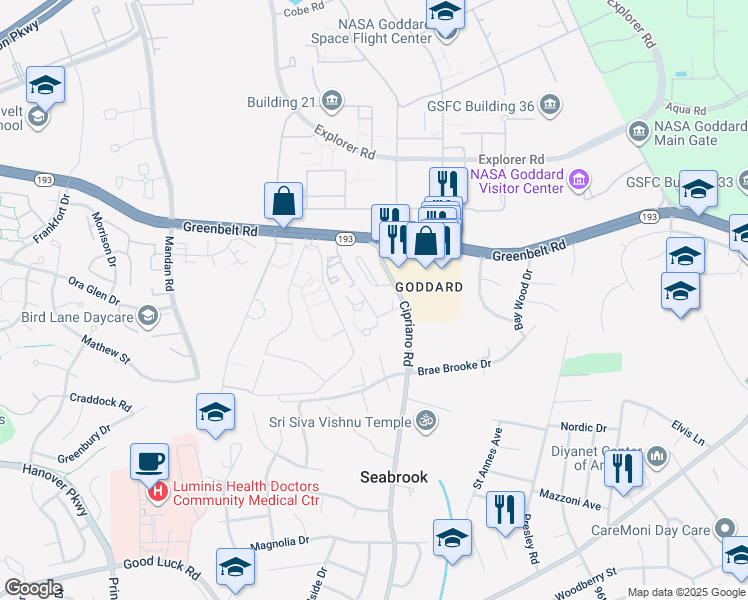 map of restaurants, bars, coffee shops, grocery stores, and more near 7223 Cipriano Springs Drive in Lanham