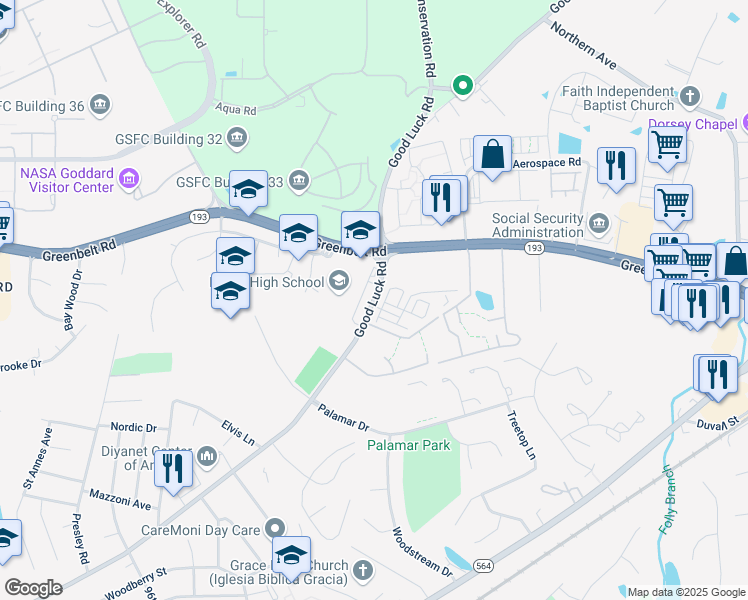 map of restaurants, bars, coffee shops, grocery stores, and more near 9880 Good Luck Rd in Prince George's