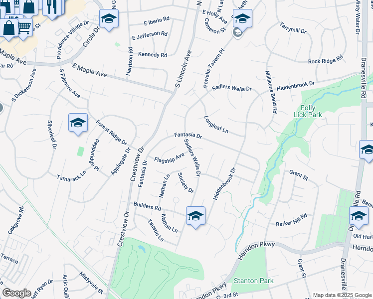map of restaurants, bars, coffee shops, grocery stores, and more near 1610 Sadlers Wells Drive in Herndon
