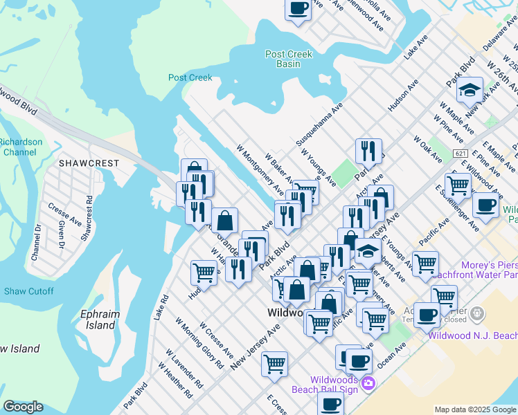 map of restaurants, bars, coffee shops, grocery stores, and more near 419 West Burk Avenue in Wildwood