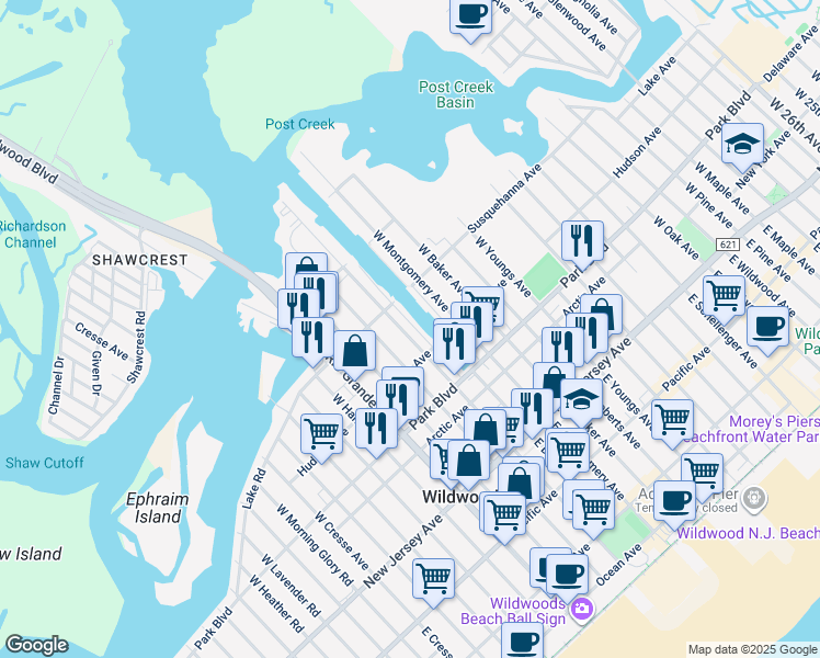 map of restaurants, bars, coffee shops, grocery stores, and more near 419 West Burk Avenue in Wildwood