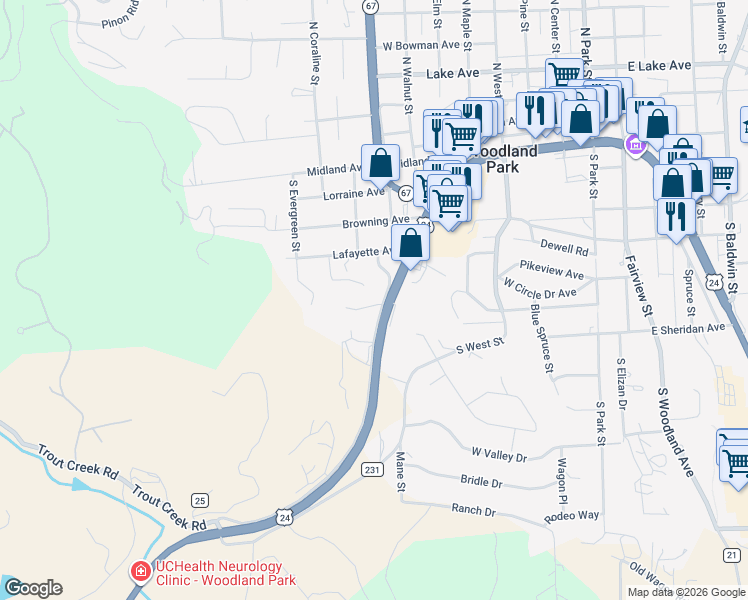map of restaurants, bars, coffee shops, grocery stores, and more near 945 Lafayette Avenue in Woodland Park