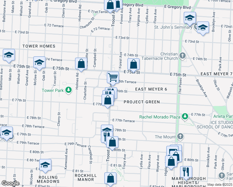 map of restaurants, bars, coffee shops, grocery stores, and more near 1114 East 76th Street in Kansas City