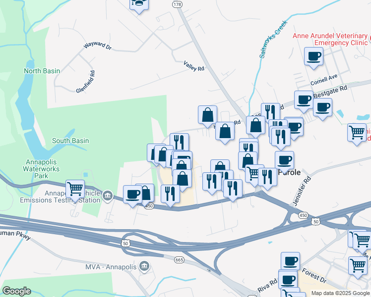 map of restaurants, bars, coffee shops, grocery stores, and more near 51 Regatta Bay Court in Annapolis