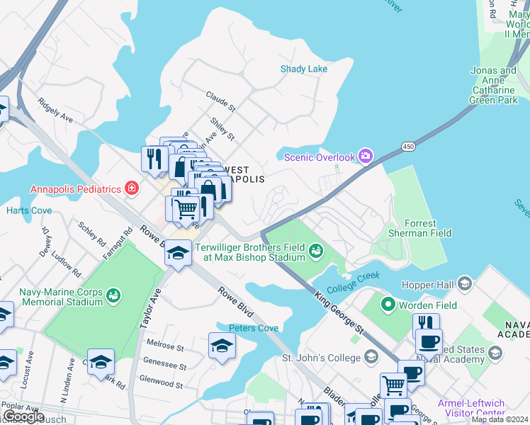 map of restaurants, bars, coffee shops, grocery stores, and more near 1 Perry Circle in Annapolis