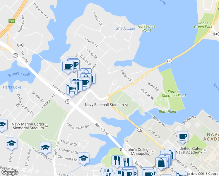 map of restaurants, bars, coffee shops, grocery stores, and more near 1 Perry Circle in Annapolis
