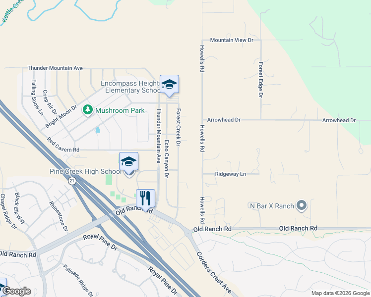 map of restaurants, bars, coffee shops, grocery stores, and more near 3717 Sky Rim Court in Colorado Springs