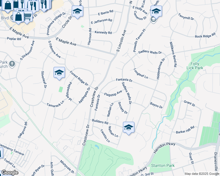 map of restaurants, bars, coffee shops, grocery stores, and more near 1610 Lefrak Court in Herndon