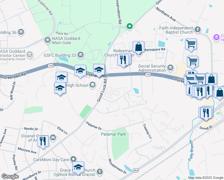 map of restaurants, bars, coffee shops, grocery stores, and more near 7210 Wood Trail Drive in Lanham