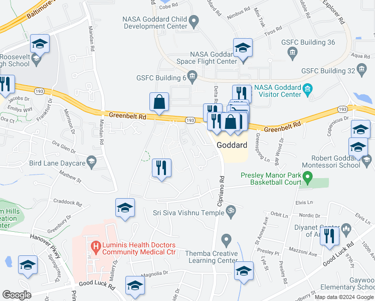map of restaurants, bars, coffee shops, grocery stores, and more near 8601 Cipriano Springs Court in Lanham