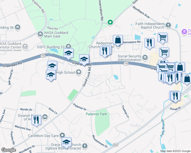 map of restaurants, bars, coffee shops, grocery stores, and more near 7210 Wood Trail Drive in Lanham