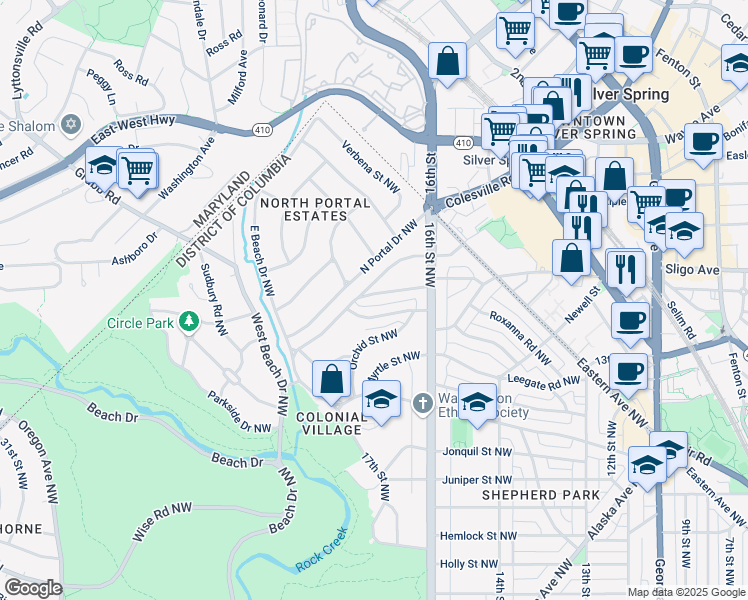 map of restaurants, bars, coffee shops, grocery stores, and more near 1644 Roxanna Road Northwest in Washington