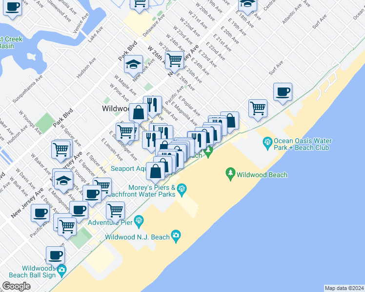 map of restaurants, bars, coffee shops, grocery stores, and more near 327 East Pine Avenue in Wildwood