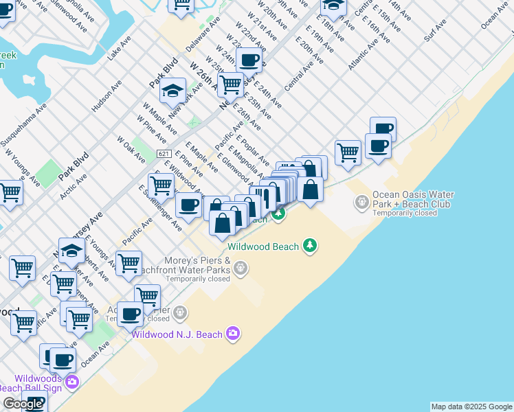 map of restaurants, bars, coffee shops, grocery stores, and more near 3000 Ocean Avenue in Wildwood