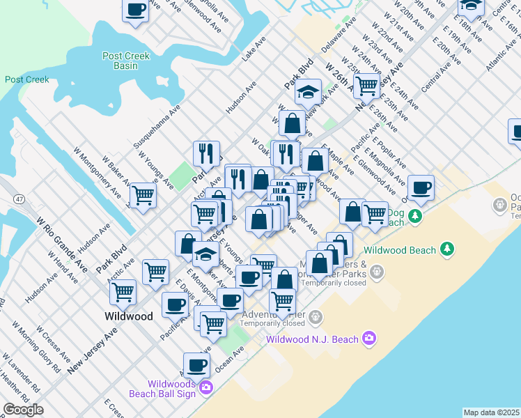 map of restaurants, bars, coffee shops, grocery stores, and more near 3711 New Jersey Avenue in Wildwood