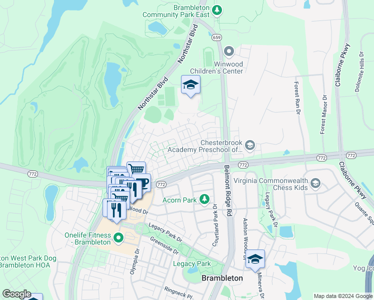 map of restaurants, bars, coffee shops, grocery stores, and more near 22728 Ferncrest Terrace in Brambleton