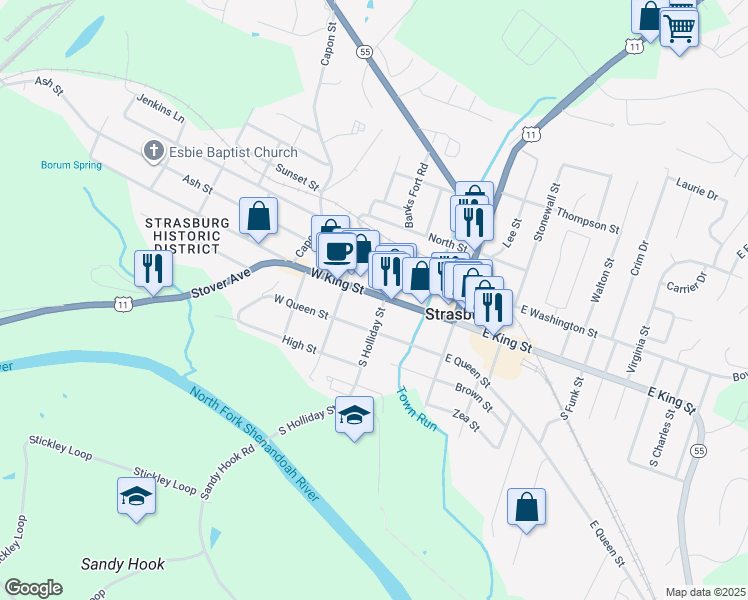 map of restaurants, bars, coffee shops, grocery stores, and more near 171 West King Street in Strasburg