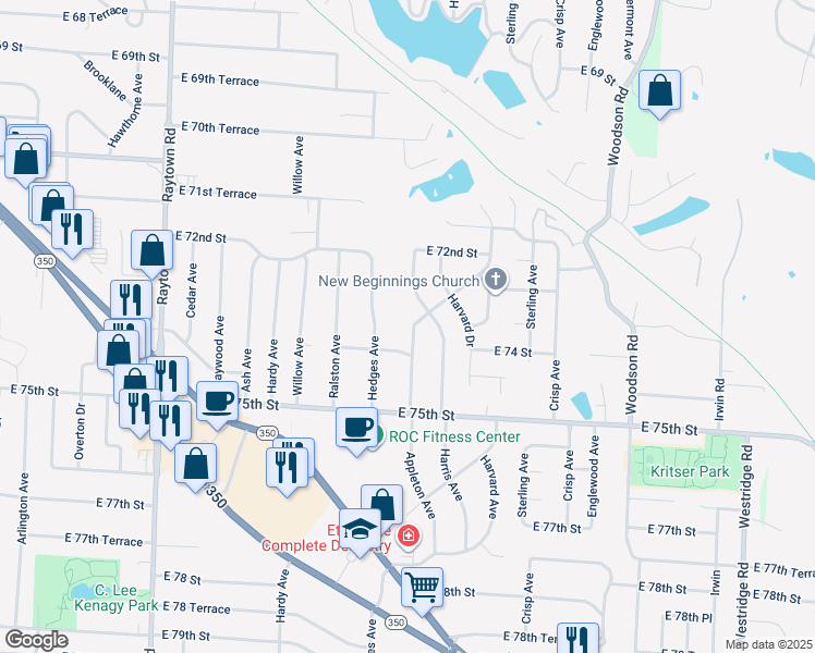 map of restaurants, bars, coffee shops, grocery stores, and more near 7306 Appleton Avenue in Raytown