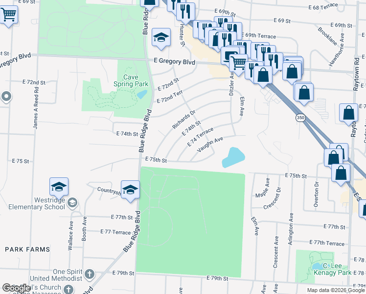 map of restaurants, bars, coffee shops, grocery stores, and more near 9014 East 74 Terrace in Raytown