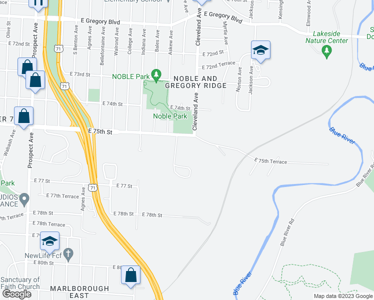 map of restaurants, bars, coffee shops, grocery stores, and more near 7575 Monroe Avenue in Kansas City