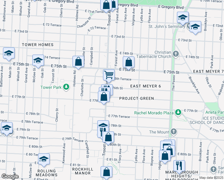map of restaurants, bars, coffee shops, grocery stores, and more near 1114 East 76th Street in Kansas City