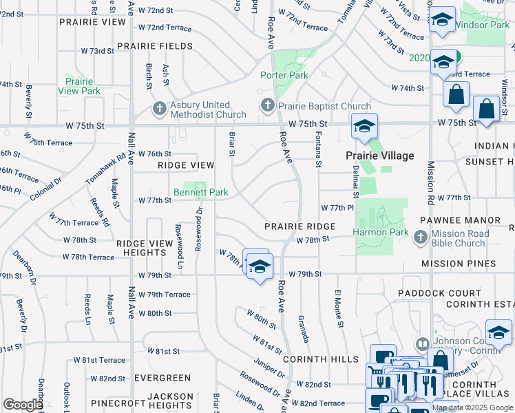 map of restaurants, bars, coffee shops, grocery stores, and more near 4915 West 77th Terrace in Prairie Village