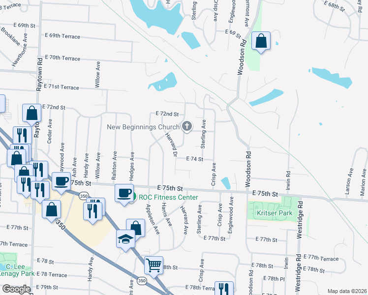 map of restaurants, bars, coffee shops, grocery stores, and more near 7312 Harvard Avenue in Raytown
