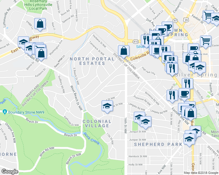 map of restaurants, bars, coffee shops, grocery stores, and more near 1644 Roxanna Road Northwest in Washington