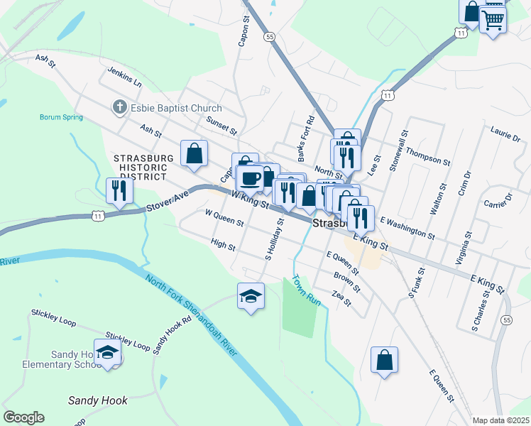 map of restaurants, bars, coffee shops, grocery stores, and more near 155 West King Street in Strasburg