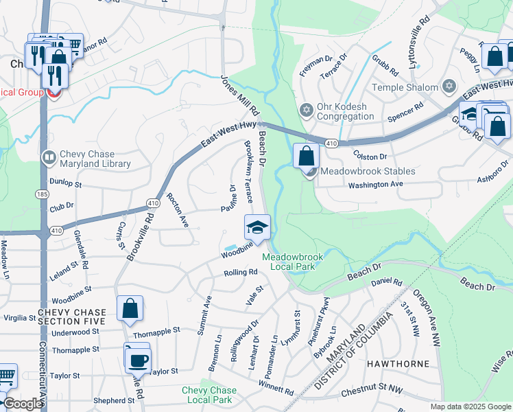 map of restaurants, bars, coffee shops, grocery stores, and more near 3113 Brooklawn Terrace in Chevy Chase