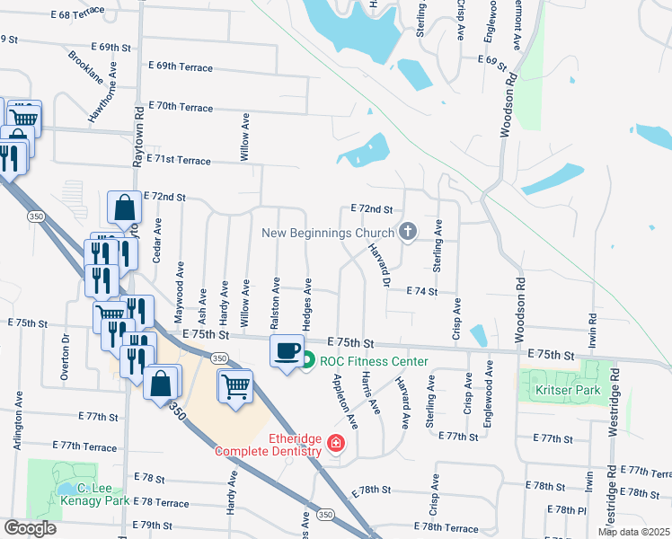 map of restaurants, bars, coffee shops, grocery stores, and more near 7306 Appleton Avenue in Raytown