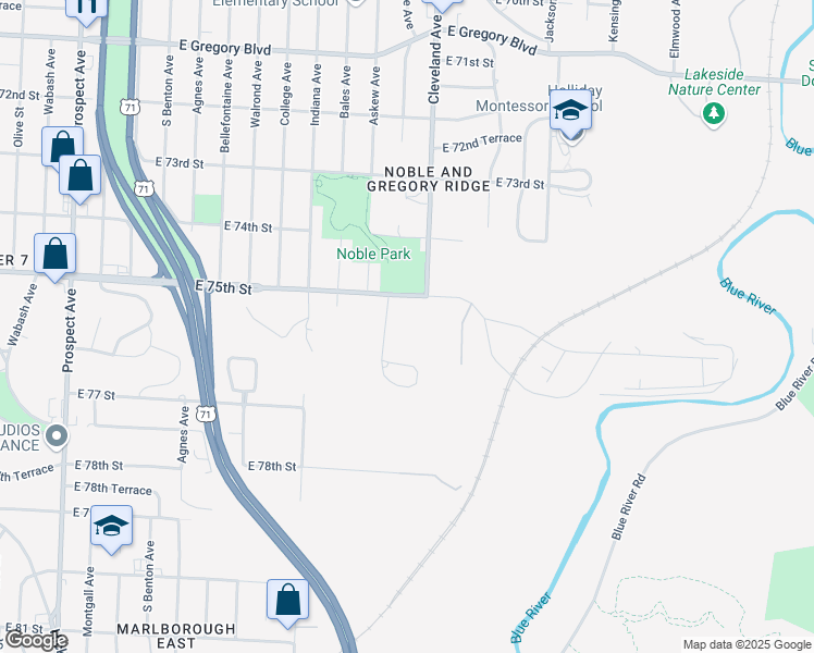 map of restaurants, bars, coffee shops, grocery stores, and more near 7575 Monroe Avenue in Kansas City