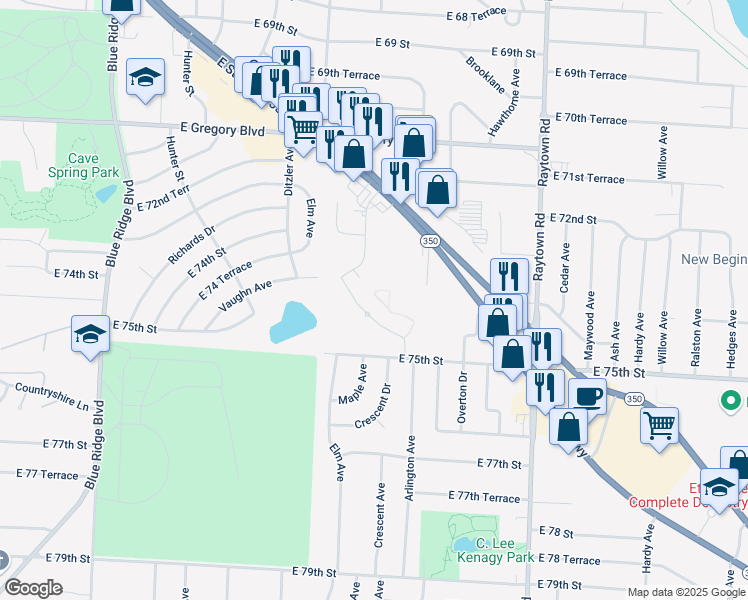 map of restaurants, bars, coffee shops, grocery stores, and more near 9540 East 75th Street in Raytown