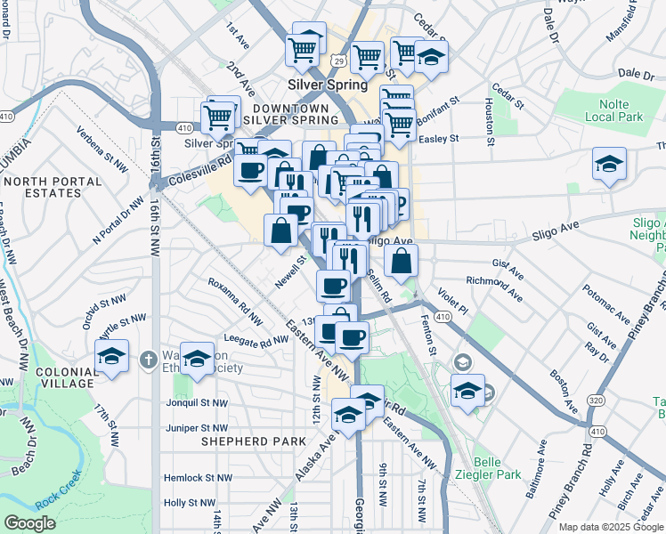 map of restaurants, bars, coffee shops, grocery stores, and more near 1133 East-West Highway in Silver Spring