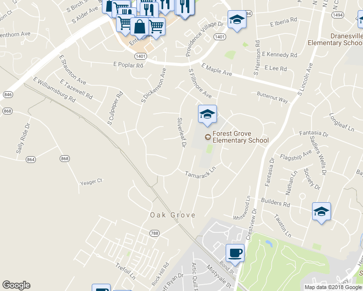 map of restaurants, bars, coffee shops, grocery stores, and more near 228 Silverleaf Drive in Sterling