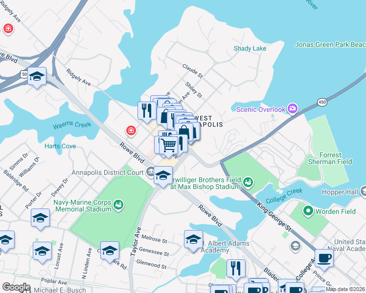 map of restaurants, bars, coffee shops, grocery stores, and more near 13 Annapolis Street in Annapolis
