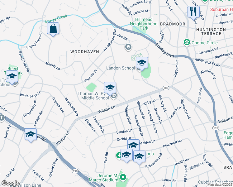 map of restaurants, bars, coffee shops, grocery stores, and more near 8008 Whittier Boulevard in Bethesda