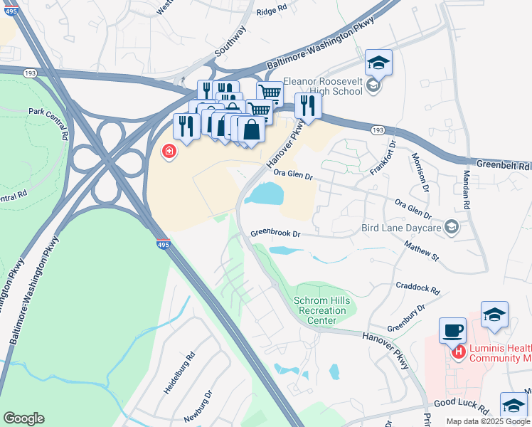 map of restaurants, bars, coffee shops, grocery stores, and more near 7313 Hanover Parkway in Greenbelt