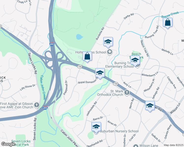 map of restaurants, bars, coffee shops, grocery stores, and more near 7917 Jensen Place in Bethesda