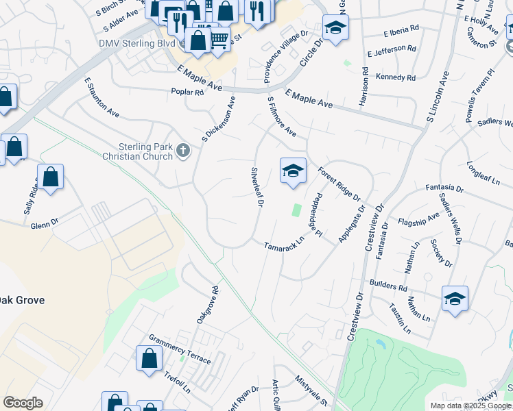 map of restaurants, bars, coffee shops, grocery stores, and more near 228 Silverleaf Drive in Sterling