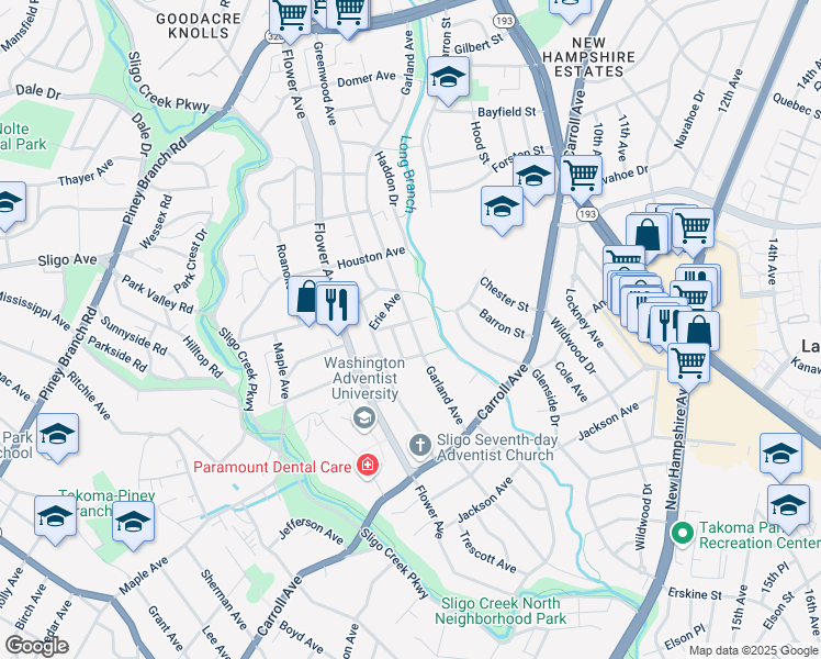 map of restaurants, bars, coffee shops, grocery stores, and more near 919 Prospect Street in Silver Spring