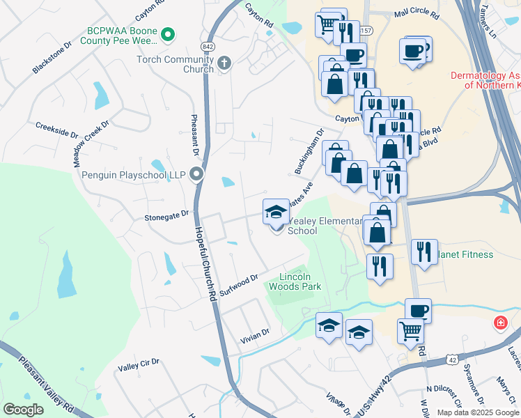 map of restaurants, bars, coffee shops, grocery stores, and more near 27 Achates Avenue in Florence