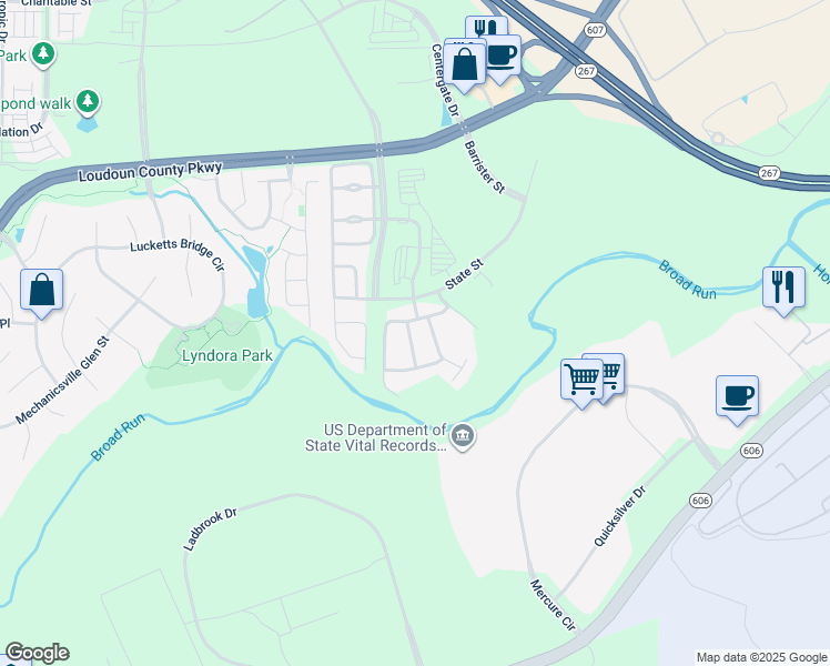 map of restaurants, bars, coffee shops, grocery stores, and more near 22682 Ashley Inn Terrace in Ashburn