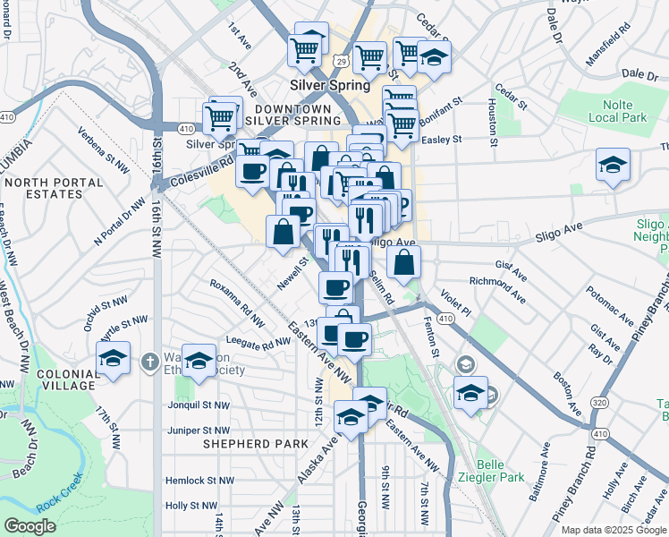 map of restaurants, bars, coffee shops, grocery stores, and more near 1133 East-West Highway in Silver Spring