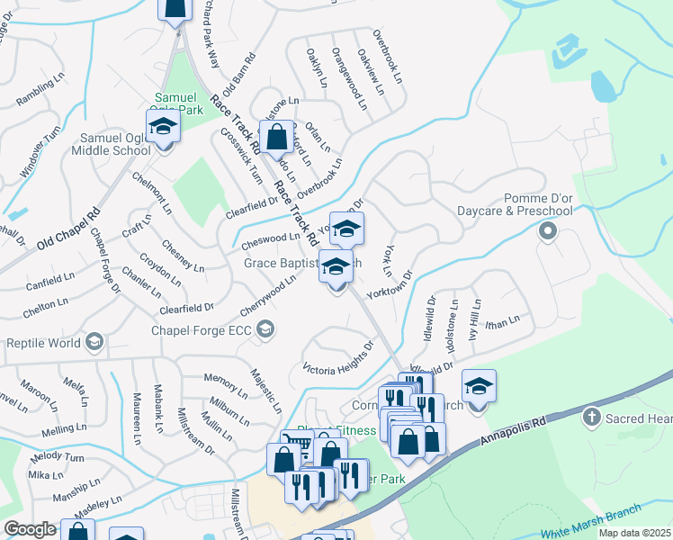 map of restaurants, bars, coffee shops, grocery stores, and more near 7301 Race Track Road in Bowie