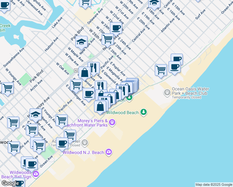 map of restaurants, bars, coffee shops, grocery stores, and more near 328 East Maple Avenue in Wildwood
